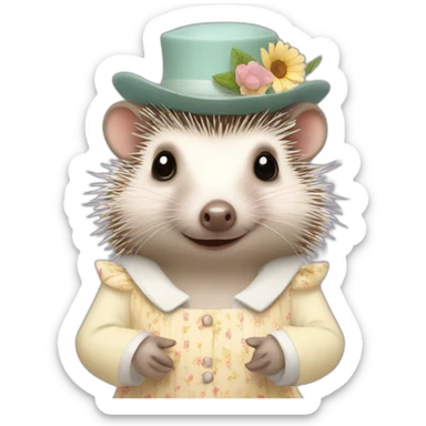 Hedgehog wearing a tea dress and a hat sticker