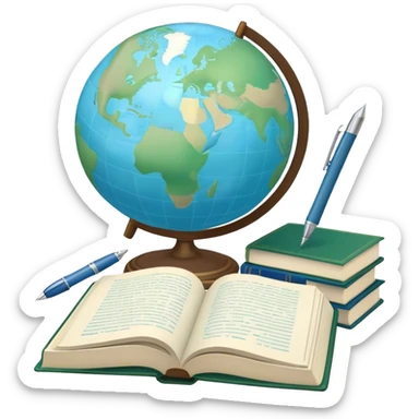 Create an emoji representing language translation. The design should feature a single globe in the background, symbolizing international communication. In front of the globe, place two opened books, with texts in it and a pen nearby to indicate the act of writing and vocabulary. Use a clean and professional color palette with blues, greens, and neutral tones. Do not include any emojis or smiley faces. Make the background transparent sticker