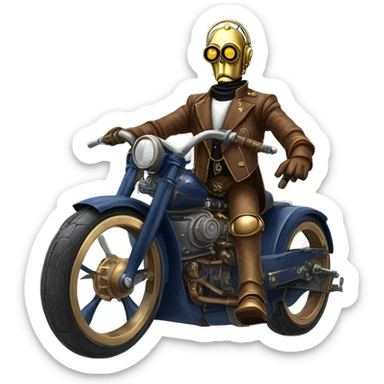 C-3PO wearing a pair of navy-blue rimmed steampunk goggles, hat, leather chaps, fringe jacket riding a fast 3 wheeler trike steampunk motorcycle on ice  sticker