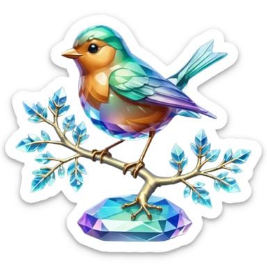 Highly detailed shot of an (((iridescence))) crystal sculpture in the shape of a robin on a crystal tree branch, a crystalline glowing robin sticker