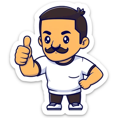 Recep İvedik in famous thumbs up pose, mustache, unibrow, wearing sportswear, exaggerated facial expression sticker