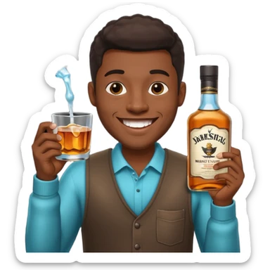 Black man with sparkling teeth, holding mouthwash and a cup of whiskey, black background sticker