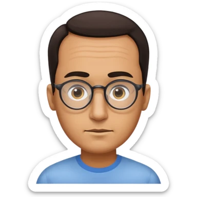 A man with an oval-shaped head, big forehead, receding hairline, dark hair, big dark eyebrows, long nose, wearing clear eyeglasses sticker