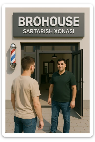 eni shu rasimga manashu odamga uxhshasin sartaosh eshik oldida tursin va tashqarida esa mijoz sticker