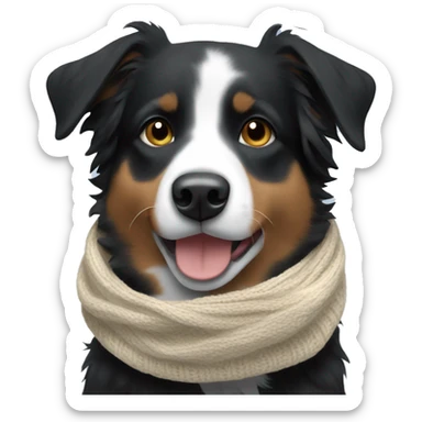 Small black australian shepherd dog wearing a knit scarf sticker