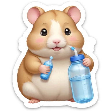 Cute chubby cartoon-style hamster hugging an oversized water bottle, sipping with tiny straw, happy expression. Painterly shading, expressive eyes, white background, sticker-style illustration sticker