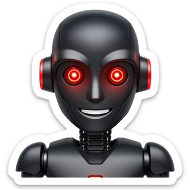 modern face of a black robot with white led eyes, red leds on robot, brave pose, smiling sticker