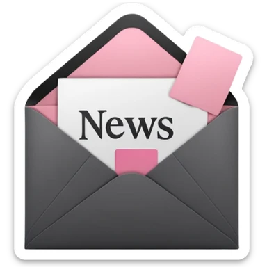 A minimalist 3D icon of an open envelope with a card inside that says 'NEWS', flat design style, colors: deep charcoal black (#000000) and soft accent pink (#f9a8d4), clean lines, high contrast, isolated on a black background, high resolution. sticker