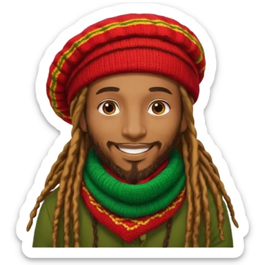 “Create a powerful illustrated portrait of a smiling man with long dreadlocks, wearing a colorful red, gold, and green knitted tam. The background has jungle leaves and warm lighting. Style: vibrant digital art, modern, bold lines, reggae vibe. With a Amsterdam colour scarf around his neck sticker