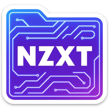 Redo the NZXT logo in a cyberpunk, holographic style. Keep the solid purple square background and ensure the NZXT text is bold, crisp, and white for maximum legibility. Overlay glowing neon blue and pink circuit patterns and edges, but do not obscure the text. The overall look should be futuristic and clean, with the cyberpunk theme integrated into the purple square background and the text remaining easy to read. sticker