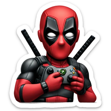 Deadpool holding xbox controller sitting at a des sticker