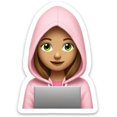 a girl with brown long hair, fair skin, green eyes, is working relaxed at a modern laptop in a monochrome pale pink zip hoodie with a hood and a pink monochrome T-shirt sticker