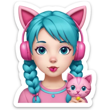 teal-blue hair with pigtails, pink lolipop on the mouth, light pink skin, pink eyes, pink top, pink cat earmuffs sticker