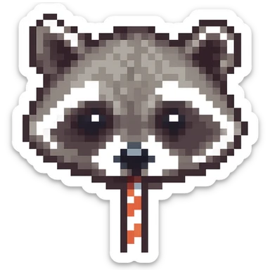 Show only the raccoon's face drinking through a straw in pixel art style, with no background, focusing on pixel art details and clarity. sticker