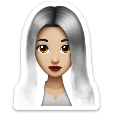 long straight black hair, red lipstick, black eyes, white skin and a small nose sticker