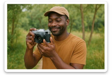 A black man taking a photo with a camera, outdoors, relaxed vibe. sticker