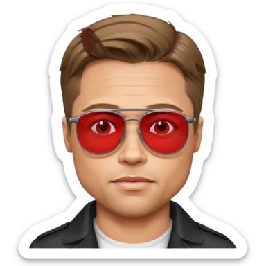 Brad Pitt, wearing dark glasses with red lenses sticker
