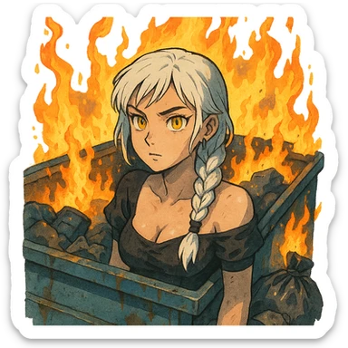 she is poking out from a garbage dumpster, fire, garbage fire, everything is on fire, a closeup portrait of young woman with gold yellow eyes, white hair, long braid, black off-shoulder top d-cup, punk gothic style, futuristic cyberwave cyberpunk, sticker