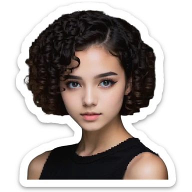 girl with short curly hair parted on the side, dark eyes and light makeup sticker