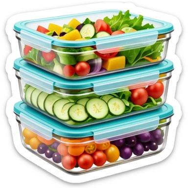 Clear glass meal prep containers stacked, filled with colorful salads sticker