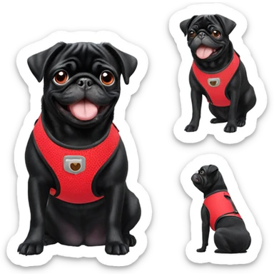 Black pug smiling in red harness sticker