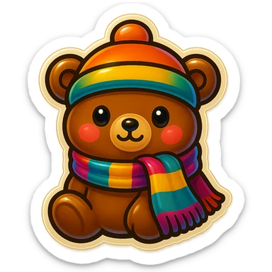 Add a colorful scarf to the cute cartoon bear with a hat, keep the fun and friendly retro stickers style, no background. sticker