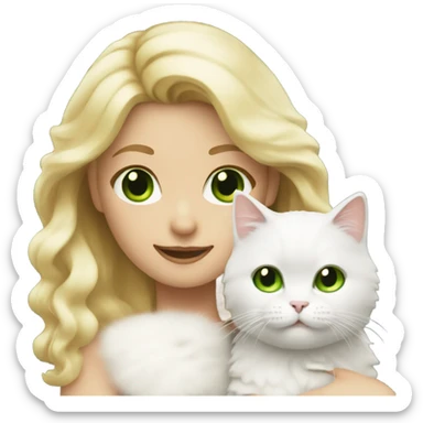blonde emoji with green eyes with white fluffy cat in hand sticker