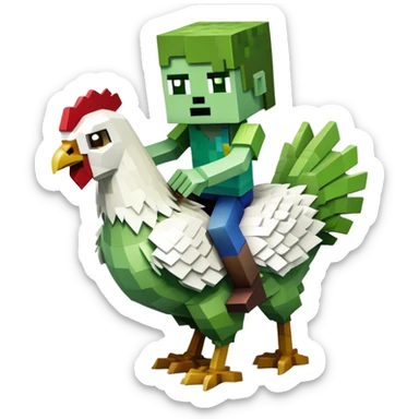 small square-shaped Minecraft zombie riding a small white chicken sticker