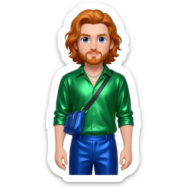 Ryan Dunn with blue eyes, long reddish blonde hair and short beard, green metallic shirt, cobalt blue metallic baggy pants, silver necklace sticker