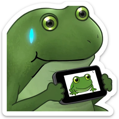 bufo frog with a holographic display, futuristic artificial intelligence sticker