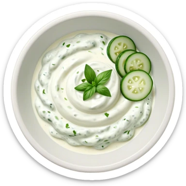 Cinematic Realistic Tzatziki Dish Emoji, featuring a creamy, tangy yogurt sauce with cucumber and herbs rendered with soft textures and cool, refreshing lighting. sticker