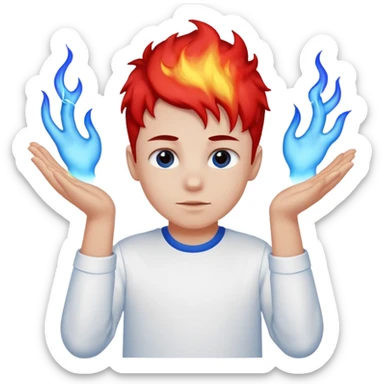 A boy with no hands fire instead made out of red fire and ,blue fire only on a white shirt that the boy is wearing  sticker