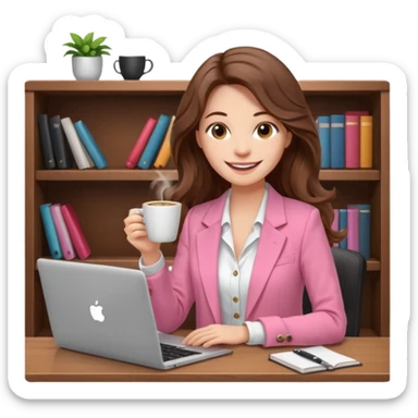 smiling woman with long wavy brown hair, pink blazer, white top, holding coffee and working on laptop — cozy home office background sticker