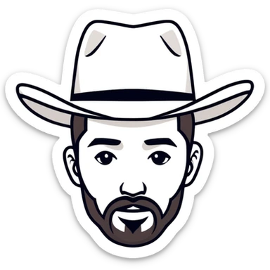 man with a goatee wearing a white cowboy hat sticker
