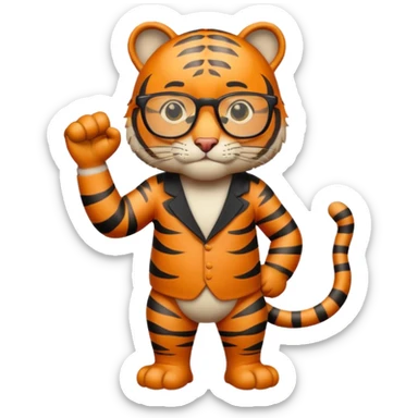 un tigre con gafas parado en dos patas con la mano en la derecha haciendo firme sticker