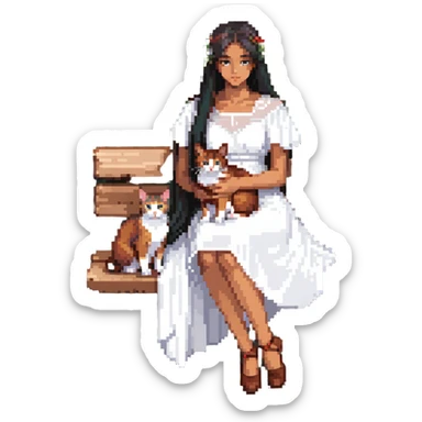 beautiful girl with long black hair in a white dress holding an Abyssinian cat with reddish-brown fur, sitting on a bench sticker