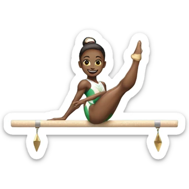 gymnast on beam doing splits while holding a trophy sticker