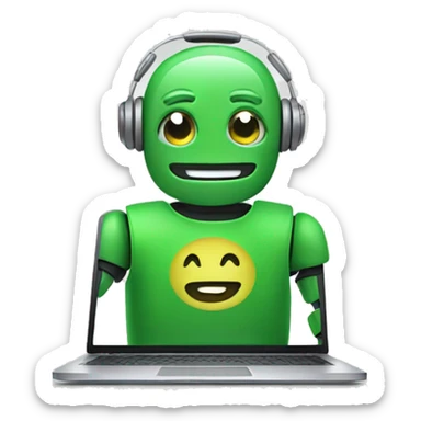 happy robot in laptop wearing green t-shirt sticker