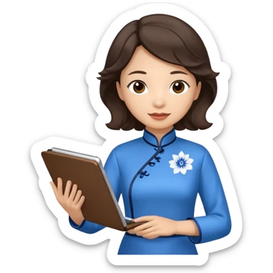 Teacher emoji but : wavy dark brown hair, light skin, no glasses, dark eyes, with a computer folder in the hand, being a teacher, wearing a chinese qipao (brown & blue) 

 sticker