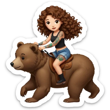 cute woman long curly brown hair tattoos riding bear sticker