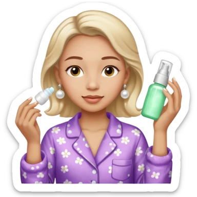 Clean girl aesthetic emoticons, apply skincare products, pearl earrings, glowing skin, pajamas, soft lighting sticker