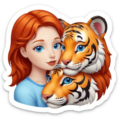 blue eyed redhead girl kisses happy tiger sticker