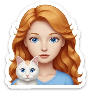 Long wavy strawberry blonde blue eyes woman with a white cat with blue eyes sticker