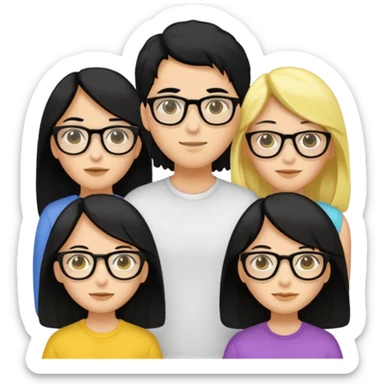 4 persons， 2 female， 2 male, 2male in the middle and 2 female in the side, one female wearing glasses and is black hair, yellow skin, both female are long hair sticker