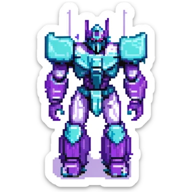 Nemesis Prime menacing stance, pixel art, sharp angles, purple and teal accents, 8-bit style sticker