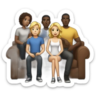 a light-skinned girl sits on a sofa and five dark-skinned guys stand behind sticker