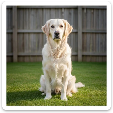 adult english cream golden retriever sitting on grass, facing camera, fence in the background sticker