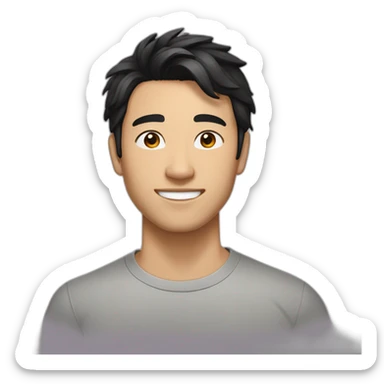 guy, black hair, medium length hair, in his 20s, very asian, smiling, t-shirt only, slight brown skin, dark brown eyes, slighty wavy hair sticker