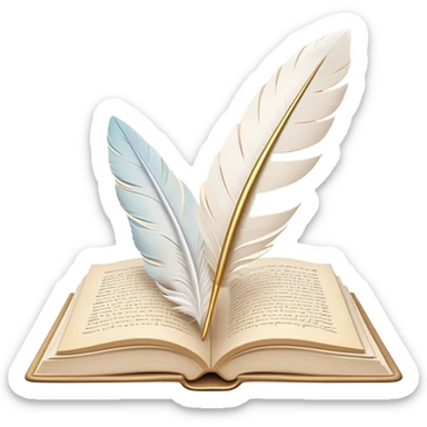 Create a delicate and elegant emoji representing poetry. The design should feature several gracefully flying pages with poetic lines or verses written on them. A white feather quill should be gently resting on one of the pages or floating nearby, symbolizing creativity and inspiration. The pages should look soft and flowing, evoking the fluid nature of poetry. Use a subtle color palette with white, light pastels, and a touch of gold for accents. Make the background transparent. sticker