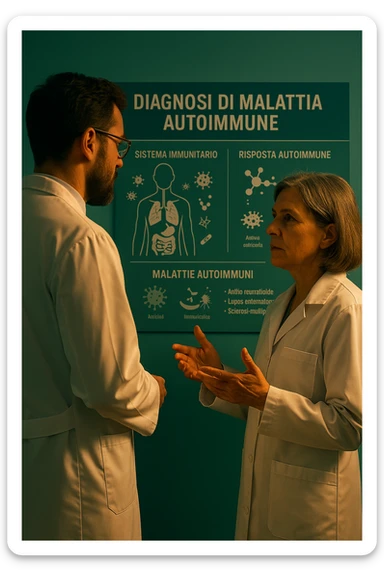 Realistic, detailed photo taken from behind of one doctor e un paziente —a bearded man and a middle-aged woman—standing and facing each other as they discuss an autoimmune disease diagnosis in front of a medical chart that displays information about the immune system and autoimmune conditions. The scene is illuminated by a yellowish, orange, warm light that softly envelops the doctors. The entire room is bathed in a single green-blue color, creating a cohesive and modern atmosphere. Both doctors wear white coats, and their body language suggests a serious, professional conversation about the complexities of autoimmune diseases. Shot with a Canon EOS R5, with high detail and natural depth of field. scritto in italiano sticker
